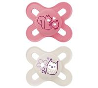 MAM Newborn Baby Pacifier 0-2 Months with Symmetrical Teat Flat and Flexible Silicone Easy to Receive with Self-Sterilising Box, Matte Pink, Pack of 2