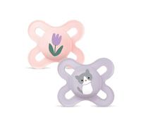 MAM Newborn Baby Pacifier 0-2 Months with Symmetrical Teat Flat and Flexible Silicone Easy to Receive with Self-Sterilising Box, Matte Pink, Pack of 2