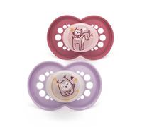 MAM Original Night Soother 16+ Months (Set of 2), Sustainable and Bio-Renewable Baby Soother, SkinSoft Silicone Teat, Glow in the Dark Soother, Pink (Designs May Vary)