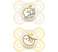 MAM Perfect Night Soothers | 0-6 Months | 2 Pack | Glow in The Dark Dummies | Comes in Dummy Steriliser Case | Baby Accessories for Newborn | White (Various Designs)