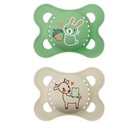 MAM Original Soothers | 0-6 Months | 2 Pack | Comes in Dummy Steriliser Case | Sustainable Materials | Baby Accessories for Newborn | Cream/Green (Various Designs)