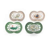 MAM Original Day & Night Dummies, 6-18M, 4 Pack, Orthodontic, Green/Linen | SkinSoft Silicone Teat, Sustainable Materials, Baby Accessories for Newborn (Designs Vary)