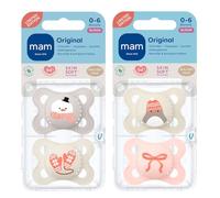 MAM Original Dummy 0-6 Months Girls Rose, Skin Soft Silicone, Sustainable Materials, Pack of 4, incl. 2 Travel Boxes