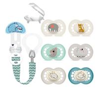MAM Original Dummy Skin Soft 6-16 Set of 6 Including 3 Sterilised Transport Boxes Includes MAM Clip It Fashion & Cover Dummy Strap with Suction Protection, Adjustable Length, Washable