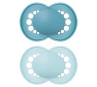 MAM Original dummy, tooth-friendly baby dummy made from sustainable and organic renewable materials, MAM SkinSoft silicone teat with dummy box, 16+ months, blue/light blue, set of 2