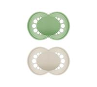 MAM Original Dummy, Tooth-Friendly Baby Dummy Made from Sustainable and Organic Renewable Materials, MAM SkinSoft Silicone Teat with Dummy Box, 6-16 Months, Green/Beige, Set of 2