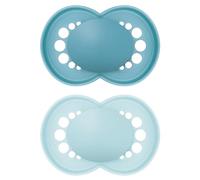 MAM Original dummy, tooth-friendly baby dummy made from sustainable and organic renewable materials, MAM SkinSoft silicone teat with dummy box, 6-16 months, blue/light blue, set of 2