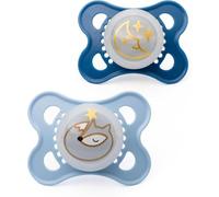 MAM Original Glow-in-the-Dark Dummies, 0-6M, 2 Pack, Orthodontic Design | Comes in Dummy Steriliser Case, Sustainable Materials, Baby Accessories for Newborn, Blue/Cream (Designs Vary)