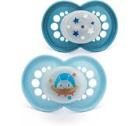 MAM Original Night Soothers | 18-36 Months | 2 Pack | Glow in The Dark Dummies | Comes in Dummy Steriliser Case | Sustainable Materials | Baby Accessories | Blue (Various Designs)