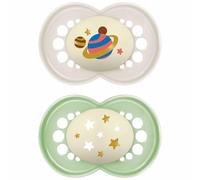 MAM Original Night Soothers | 6-18 Months | 2 Pack | Glow in the Dark Dummies | Comes in Dummy Steriliser Case | Baby Accessories | Grey/Cream (Various Designs)