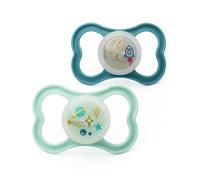 MAM Original Glow-in-the-Dark Dummies, 6-18M, 2 Pack, Orthodontic Design | SkinSoft Silicone Teat, Comes in Dummy Steriliser Case, Sustainable Materials, Baby Accessories, Blue (Designs Vary)