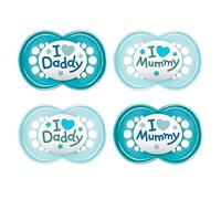 MAM Original I Love Mummy & MAM Original I Love Daddy // Skin Soft Silicone Dummy 6-16 // Set of 4 // Includes 2 Sterilising Transport Boxes