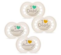 MAM Original I Love Mummy & MAM Original I Love Daddy // Skin Soft Silicone Dummy 6-16 // Set of 4 // Includes 2 Sterilising Transport Boxes