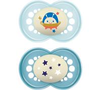 MAM Original Night Soother 16+ Months (Pack of 2), Sustainable Baby Soother, SkinSoft Silicone Teat, Glow in the Dark Soother, Blue (Designs May Vary)