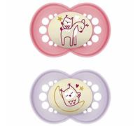 MAM Original Night Soother 16+ Months (Set of 2), Sustainable and Bio-Renewable Baby Soother, SkinSoft Silicone Teat, Glow in the Dark Soother, Pink (Designs May Vary)