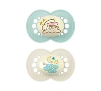 MAM Original Night Soother 6+ Months (Set of 2), MAM 6-16 Months Glow in The Dark Dummy with Silicone Teat, 2-Piece Baby Accessory Kit with Steriliser Dummy Holder, Green/Neutral