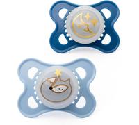 MAM Original Night Soothers | 0-6 Months | 2 Pack | Glow in the Dark | Comes in Dummy Steriliser Case | Baby Accessories for Newborn | Blue (Various
