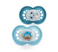 MAM Original Night Soothers | 18-36 Months | 2 Pack | Glow in The Dark Dummies | Comes in Dummy Steriliser Case | Sustainable Materials | Baby Accessories | Blue (Various Designs)