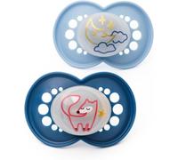 MAM Original Night Soothers | 16 Plus Months | 2 Pack | Glow in the Dark Dummies | Comes in Dummy Steriliser Case | Sustainable Materials | Baby Accessories | Blue (Various Designs)