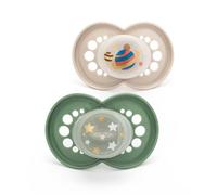 MAM Original Night Soothers | 6 Plus Months | 2 Pack | Glow in The Dark Dummies | Comes in Dummy Steriliser Case | Baby Accessories | Green/White (Various Designs)
