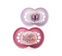 MAM Original Night Soothers | 6-18 Months | 2 Pack | Glow in The Dark Dummies | Comes in Dummy Steriliser Case | Sustainable Materials | Baby Accessories | Pink (Various Designs)