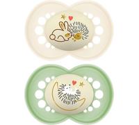 MAM Original Night Soothers | 6 Plus Months | 2 Pack | Glow in The Dark Dummies | Comes in Dummy Steriliser Case | Sustainable Materials | Baby Accessories | Green (Various Designs)