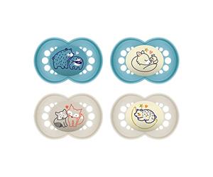 MAM Original Pure Day & Night Dummy Set of 4, Baby Dummies Made from Sustainable & Organic Renewable Material, MAM SkinSoft Silicone Teat with Dummy Box, 6-16 Months, Bear/Fox/Moon Blue + Beige