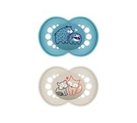 MAM Original Dummy, Tooth-Friendly Baby Dummy Made from Sustainable and Organic Renewable Materials, MAM SkinSoft Silicone Teat with Dummy Box, 6-16 Months, Bear/Fox, Set of 2