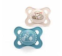 MAM Original Soother 2-6 Months (Pack of 2), Baby Soother Made from Sustainable Material, SkinSoft Silicone Teat, with MAM Soother Case, Blue (Designs May Vary)
