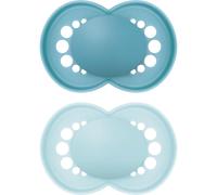 MAM Original Soother 6+ Months (Pack of 2), Baby Soother Made from Sustainable Material, SkinSoft Silicone Teat, with MAM Soother Case, Blue (Designs