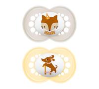 MAM Original Soother 6+ Months (Set of 2), MAM 6-16 Months Dummy with Orthodontic Silicone Teat, 2-Piece Baby Accessory Kit with Practical Sterilizer Dummy Holder, Yellow/Neutral
