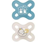 MAM Original Start Dummies, 0-2 Months, Green/Light Blue, Pack of 2 | With Portable Sterilizer Pacifier Holder, SkinSoft Silicone Orthodontic Teat, Curved Mask, BPA/BPS Free