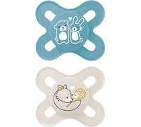 MAM Original Start Soothers | 0-2 Months | 2 Pack | Newborn Dummies | Comes in Dummy Steriliser Case | Sustainable Materials | Baby Accessories for Newborn | Blue/White (Various Designs)