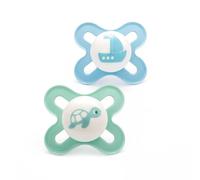 MAM Original Start Soothers 0-2 Months | 2 Pack | Newborn Dummies | Comes in Dummy Steriliser Case | Sustainable Materials | Baby Accessories | Blue (Various Designs)