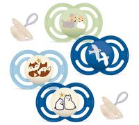 MAM Perfect Day & Perfect Night Dummy 16 Plus "Blue Colours Mix" // Set of 4 // Includes 1 Sterilising Transport Box