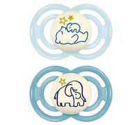 MAM Perfect Night Dummy Set of 2, Glow in the Dark, Tooth-Friendly Baby Dummy Made from Sustainable & Organic Renewable Materials, with Dummy Box, 6-16 Months, Bear/Elephant