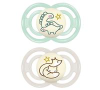 MAM Perfect Night Dummy Set of 2, Glow in the Dark, Tooth-Friendly Baby Dummy Made from Sustainable & Organic Renewable Materials, with Dummy Box, 6-16 Months, Dino/Fox