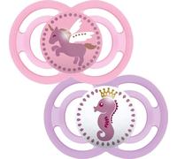 MAM Perfect Soothers 6+ Months (Pack of 2), Thinner and Softer Baby Soothers with Self Sterilising Travel Case, Newborn Essentials, Pink (Designs May