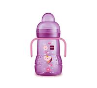 MAM Plastic Trainer Cup (1 Count), 8 oz. Trainer Drinking Cup with Extra-Soft Spout, Spill-Free Nipple, and Non-Slip Handles, for Girls 4+ Months, Designs May Vary