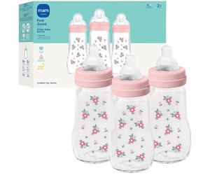 MAM Premium Glass Baby Bottles, Easy Switch Between Breast and Bottle, Feel Good Medium Flow, Newborn Essentials Must Have, 2+ Months, BPA Free, 9oz, Girl, 3 Pack