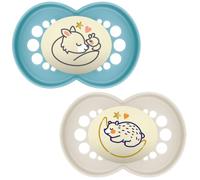 MAM Original Pure Night Soother 16+ Months (Set of 2), Sustainable and Bio-Renewable Baby Soother, SkinSoft Silicone Teat, Glow in the Dark Soother, Blue/Cream (Designs May Vary)