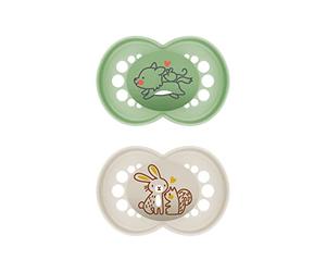 Mam Set of 2 Original Pure Dummies Made from Mam SkinSoft Silicone, with Dummy Box, Tooth-Friendly, Made of Sustainable and Organic Renewable Material, 6-16 Months, Dog/Hare