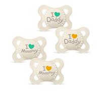 MAM "Skin Soft" Silicone Dummy // I Love Mummy & Daddy // 0-6 Mo. Boy // set of 4 // incl. 2 sterilised transport boxes