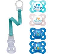 MAM "Skin Soft" Silicone Dummy // I Love Mummy & Daddy // 0-6 Mo. Boy // set of 4 // incl. 2 sterilised transport boxes