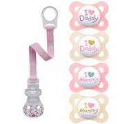 MAM "Skin Soft" silicone dummy / I love mummy & daddy / 0-6 Months Girl / set of 4 / incl. 2 sterilised transport boxes.