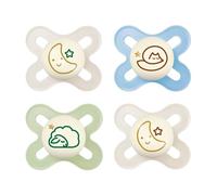 MAM Skin Soft Silicone Dummy Start Night Extra Small 0-2 Months Luminous Unisex Especially for Premature and Newborns Pack of 4 Includes 2 Sterilising and Transport Boxes