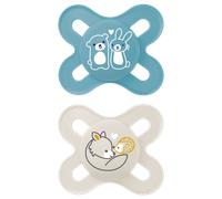 MAM Original Start Soothers | 0-2 Months | 2 Pack | Newborn Dummies | Comes in Dummy Steriliser Case | Sustainable Materials | Baby Accessories for Newborn | Blue/Green (Various Designs)