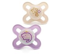 MAM Original Start Night Soothers 0-2 Months | 2 Pack | Newborn Dummies | Glow in The Dark | Comes in Dummy Steriliser Box | Sustainable Materials | Pink (Designs May Vary)