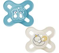 MAM Start Pure Soother 0-2 Months (Set of 2), Baby Soother Made from Sustainable and Bio-Renewable Material, SkinSoft Silicone Teat, with MAM Soother Case, Blue/Cream