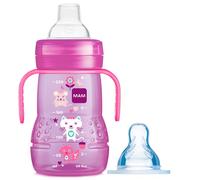 MAM Trainer+ Baby Cup | 1 Pack (1 x 220ml) | Suitable from 4+ Months for Independent Drinking | Comes with Free Fast Flow MAM Teat Size 3 | Spill-Free | Pink (Various Designs)